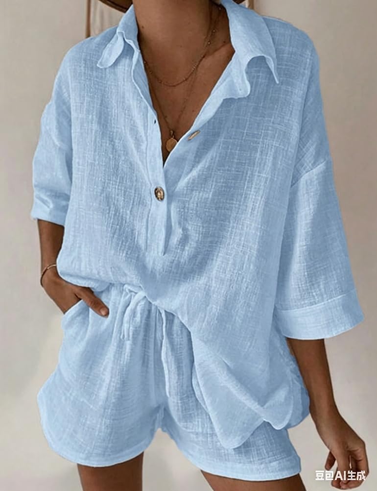 Kinghua Womens 2 Piece Outfits Spring Summer Casual Cotton Linen Button Down V neck Half Sleeve Shirts and Shorts Sets