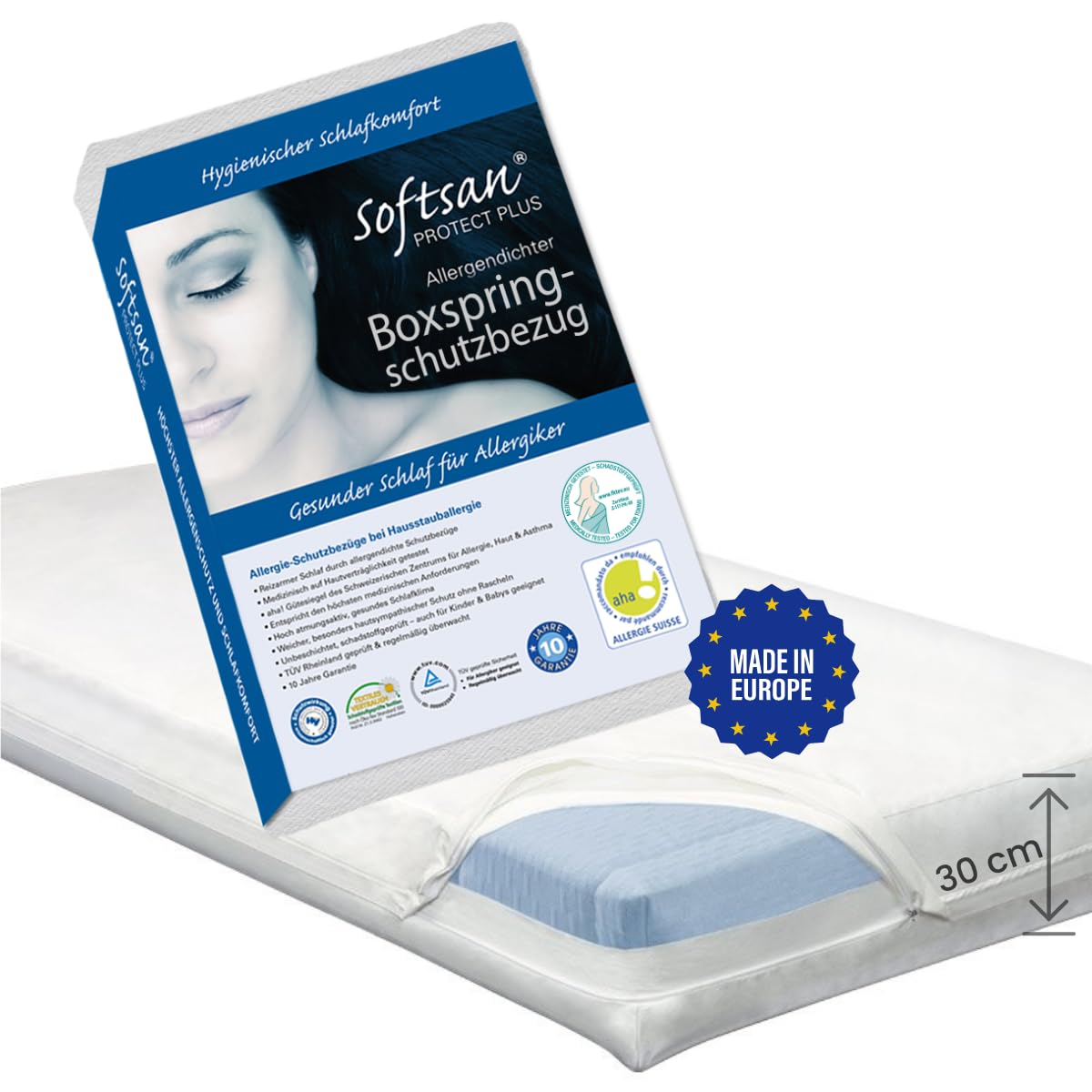 Softsan Protect Plus Matratzenbezug für Boxspring-Matratzen milbendicht 100x200x30 cm, Höhe 30 cm, Encasing, Milbenschutz für Hausstauballergiker milbenkotdicht