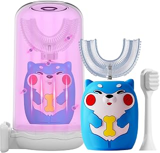 U Shaped Toothbrush Kids,Kids Electric Toothbrushes Set-2 Toothbrush Heads,Tongue Scraper and Cup,IPX7 Waterproof,Kids toothbrushes with 3 Cleaning Modes and Smart Timer