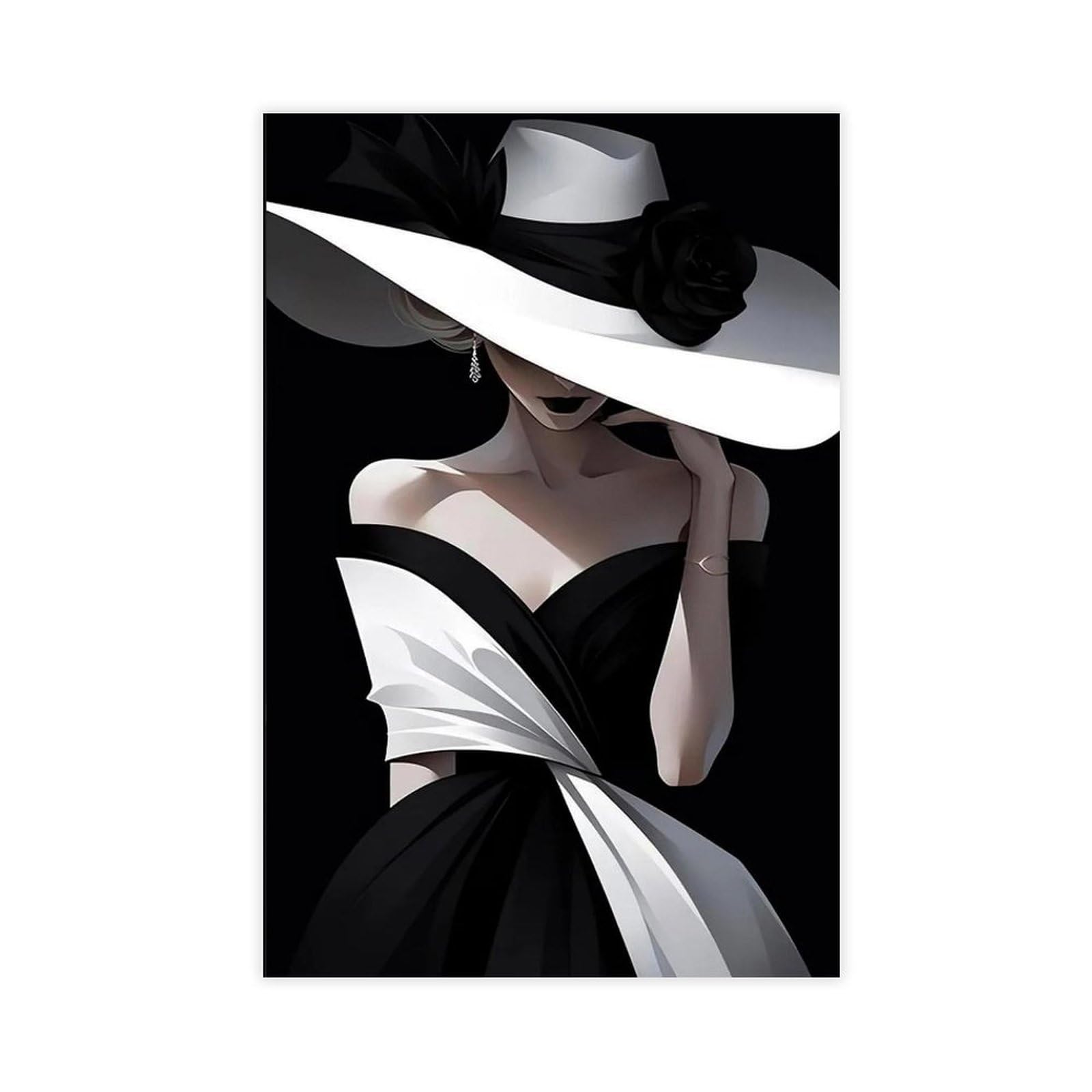 Wjwart Elegant Woman In Black Dress With White Hat And Rose Canvas Poster Bedroom Decor Landscape Decor Gift 16X24inch(40X60cm)