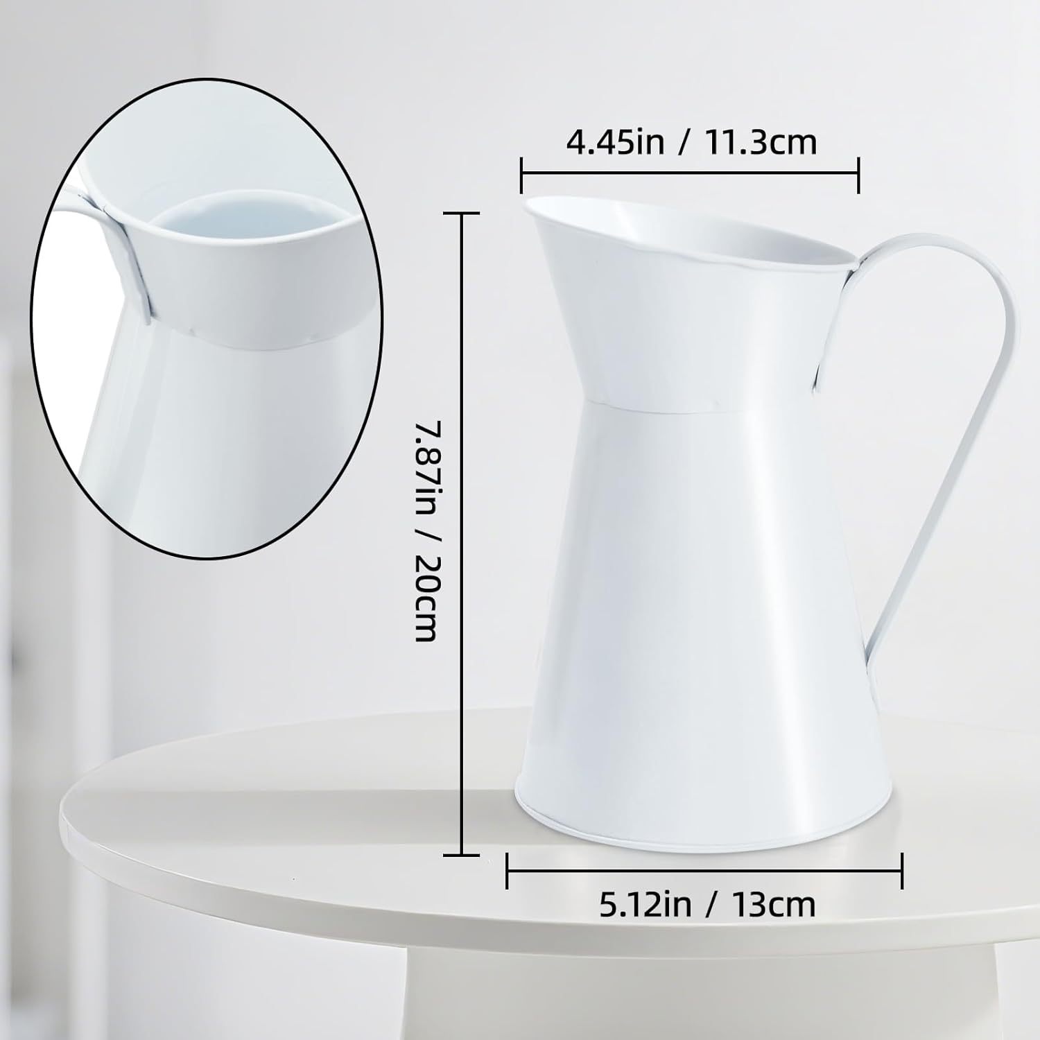 Metal Watering Pitcher, Cream Farmhouse Style Flower Vase, Decorative Milk Jug for Home Decor, 7.87 inch Height (White) - Image 2
