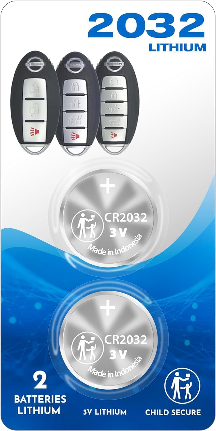 (2 Pack) Remote Smart Key FOB Battery for 2007-2022+ Nissan CR2032 2032 fits air led Light case Mount Shell Cover 370Z Altima Armada GT-R Kicks Leaf Maxima Murano Pathfinder Rogue Sentra Titan Versa