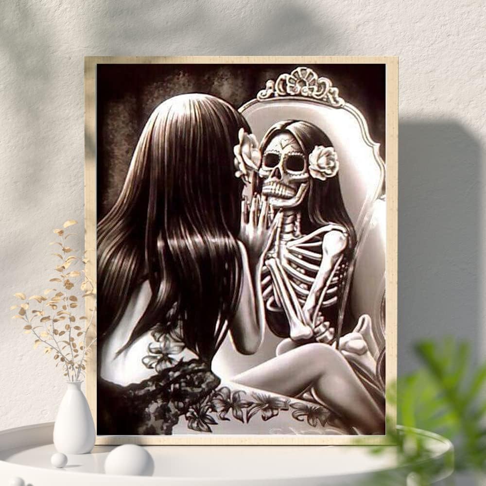 Diamond Painting 5D Quadrato, Teschio E Specchio, 40x50 Cm, Kit Completo Con Strass E Tela HD, Fai Da Te Per Adulti - 5