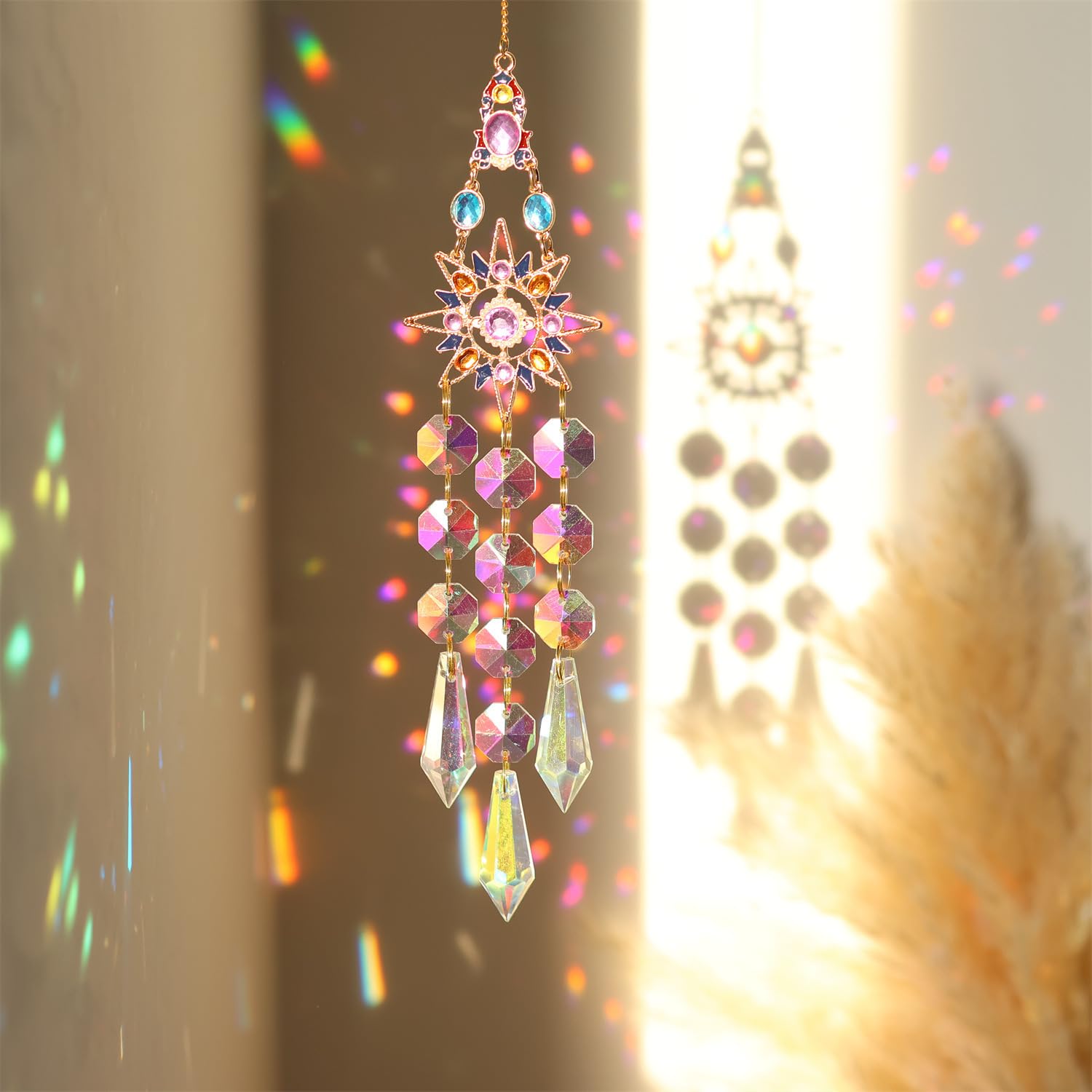 Crystal Sun Catcher with Sun and Moon Design | Prism Rainbow Maker for Window Hanging, suncatchers,Colorful Reflective Room Decor-image-42