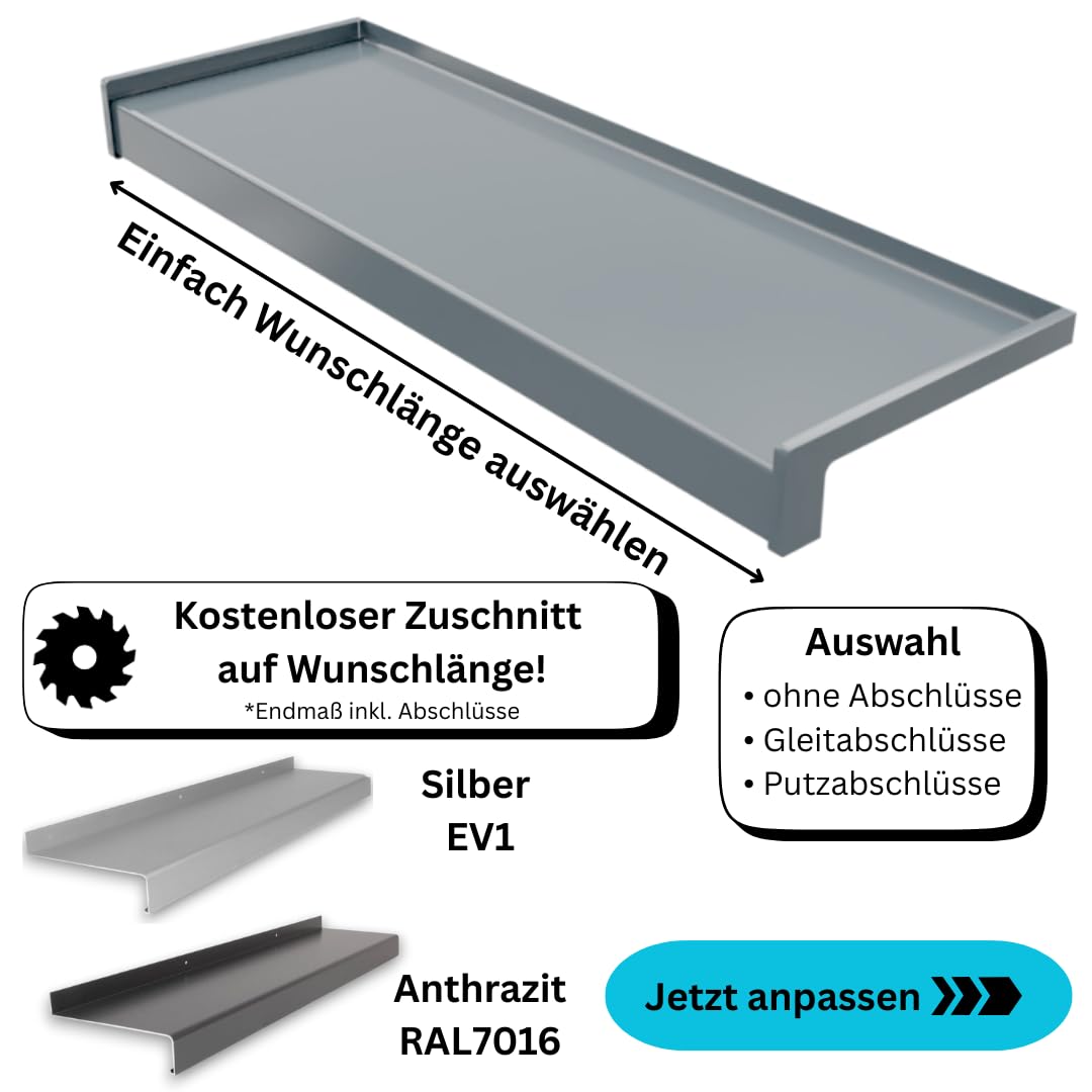 Aluminum Fensterbänke - für den Außenbereich - Individueller Zuschnitt - Putzabschlüsse und Alu-Gleitabschlüsse - EV1 silber und RAL 7016 anthrazit - Made in Germany (T 11 cm x L 90 cm)