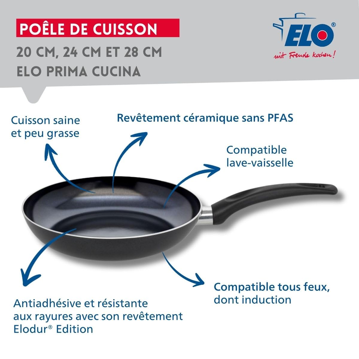 Elo 9807850 Zestaw 3 patelni aluminiowych i 3 szklanych pokrywek do pieczenia, patelnia do wszystkich kuchenek, bez indukcji, bez PFAS, aluminium, stal nierdzewna, szkło, plastik, 28 x 5 cm