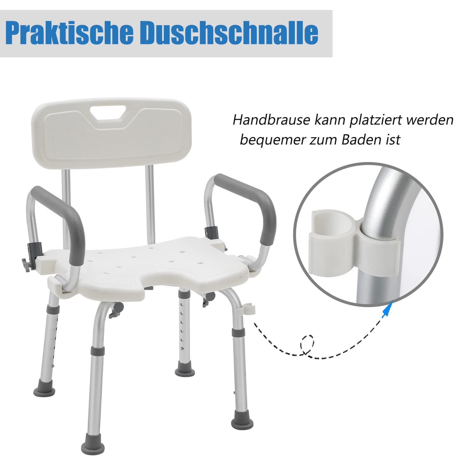 XMTECH Krzesło prysznicowe z regulacją wysokości, 6 stopni, 37,5 – 50 cm, taboret łazienkowy dla seniorów, z oparciem, podłokietnikami i poduszką siedziska z tworzywa EVA, pomoc pod prysznic, obciążenie do 150 kg