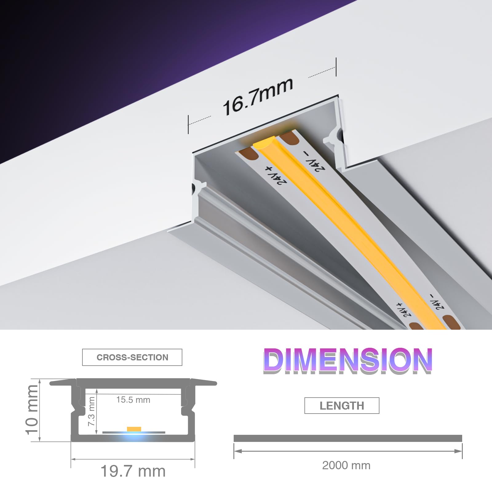 Canalina LED in alluminio 6x2m a U, con canalina per striscia LED e diffusori, per strisce fino a 12.4mm, 6 coperture opache, luce indiretta, ideale per profilo cartongesso. (6)