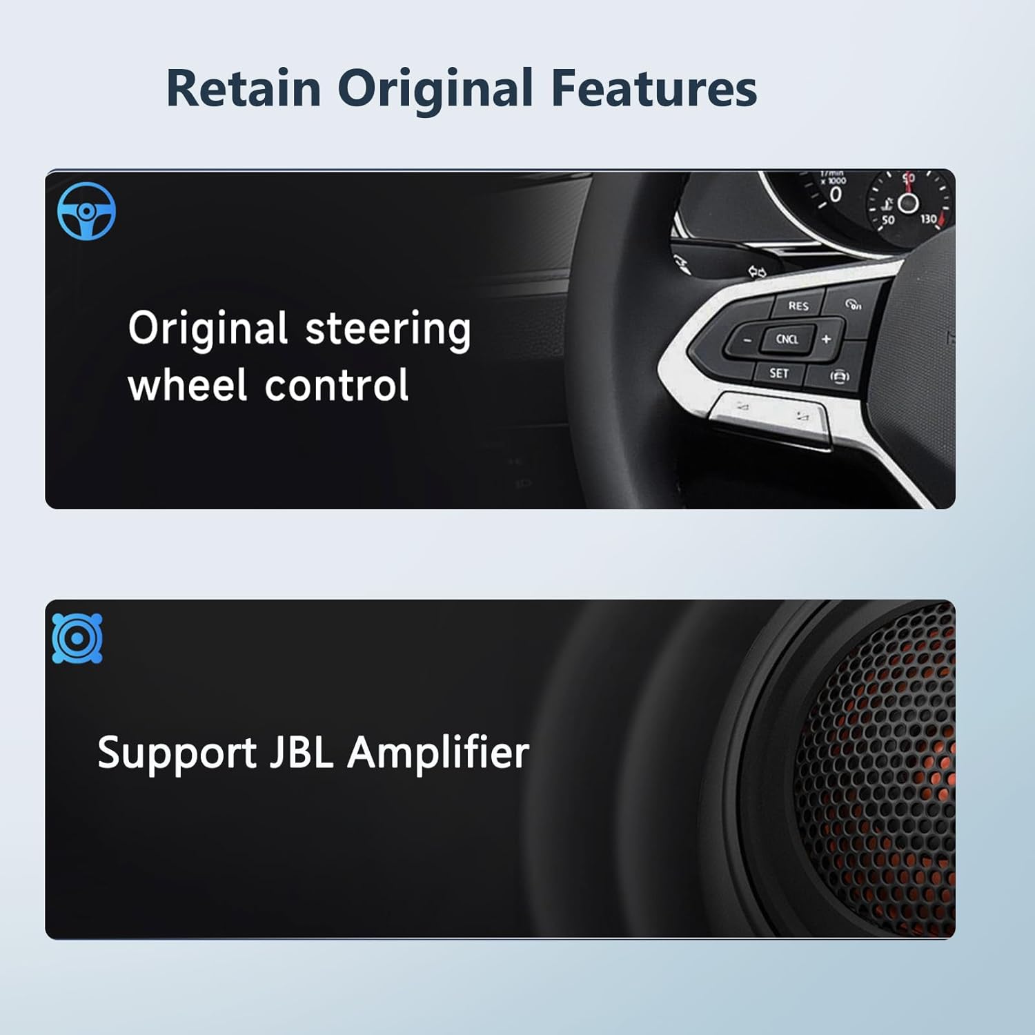 Images illustrating steering wheel control and JBL amplifier support