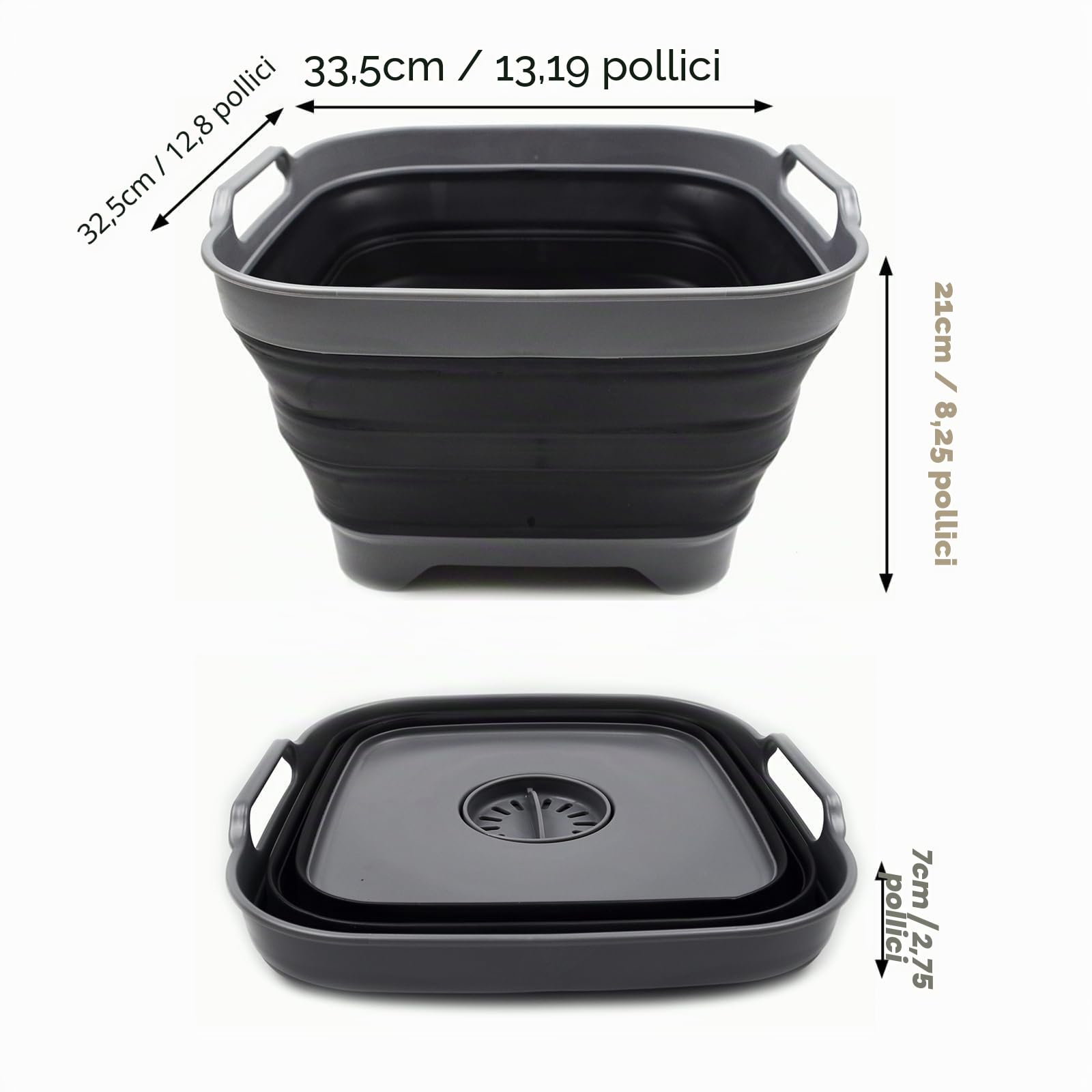 SAMMART Bacino pieghevole da 10 litri con tappo di scarico – Lavabo pieghevole – Vassoio portaoggetti da cucina per risparmiare spazio (grigio/nero, 1)
