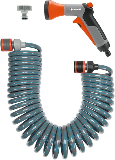 Gardena Gardena 4647-20 Spiralschlauch Komplett Set, mit automatischer Schlauchrückstellung, mit Bewässerungsbrause und Hahnverbinder (Schlauchlänge: 10m, Schlauchdurchmesser: 9mm, Set: Ja) — Schläuche