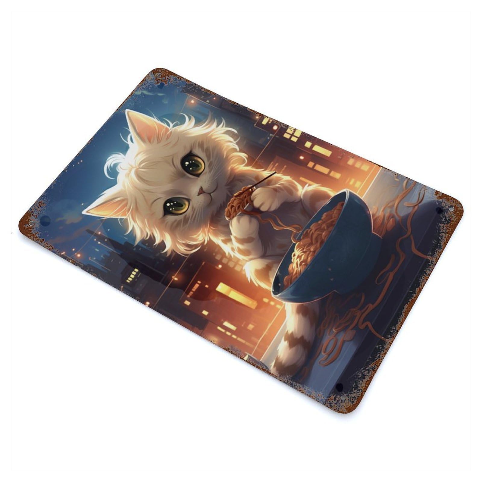 Garage Style Cute Cat Eating Spaghettii Rustic Tin Plaque 11.8"x7.9", Vintage Wall Decor for Bar And Workshop