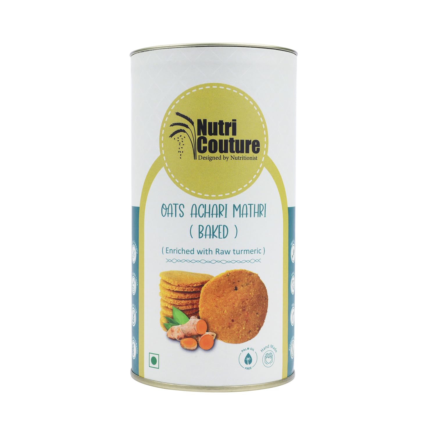 Nutri Couture Oats Achari Mathri | Baked Healthy Snack | Infused with Raw Turmeric Benefits | Crunchy & Spicy Achari Flavor | No Preservatives | No Palm Oil | High Fiber Oats Snack-image-47