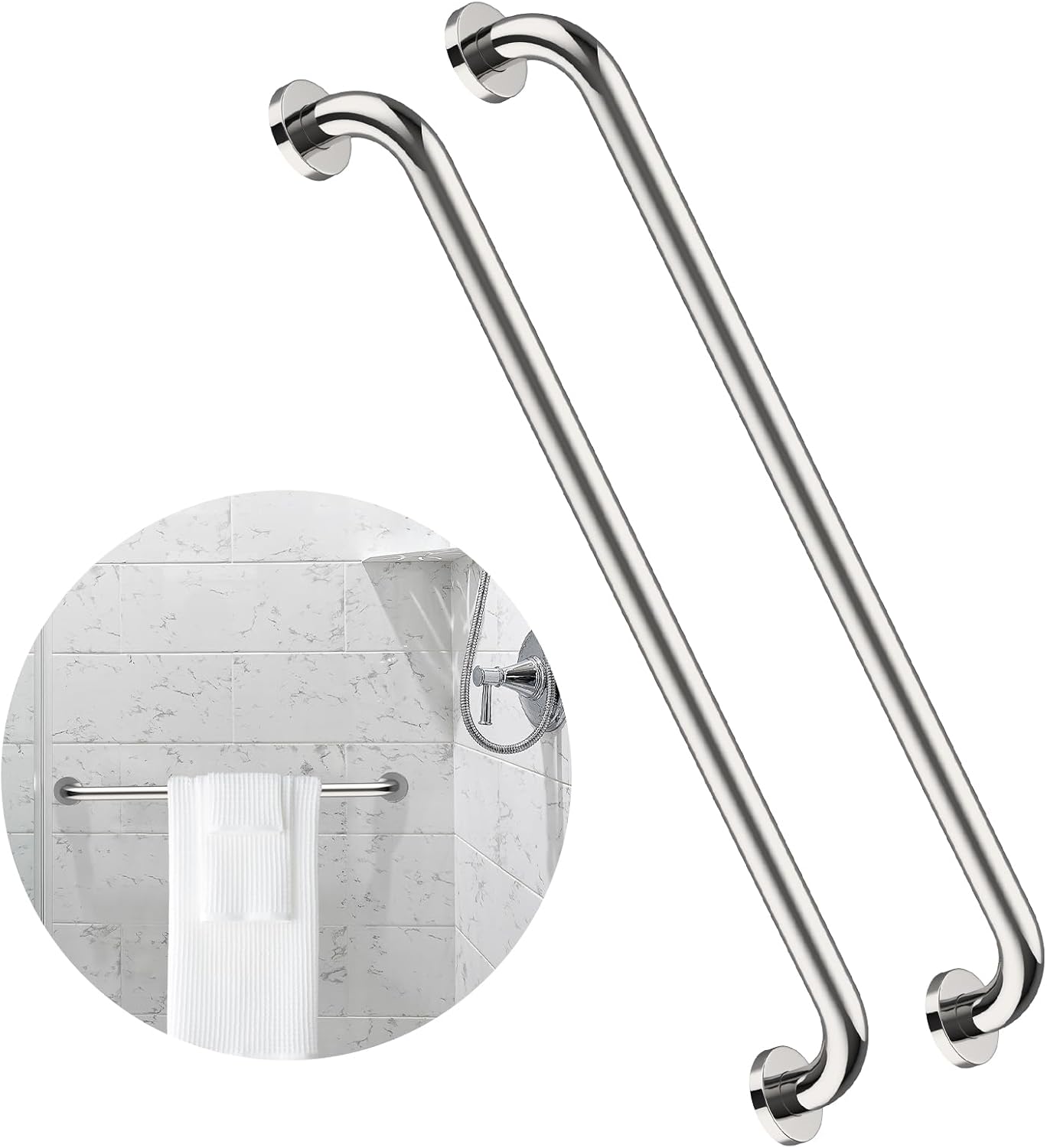 2 Pack 32 Inch Shower Grab Bar, ZUEXT SUS304 Stainless Steel Chrome Bathroom Grab Bar Handle, Shower Balance Bar, Safety Hand Rail Support, Handicap Elderly Senior Assist Bath Handle(1.25" Diameter) chrome finished 32 inch