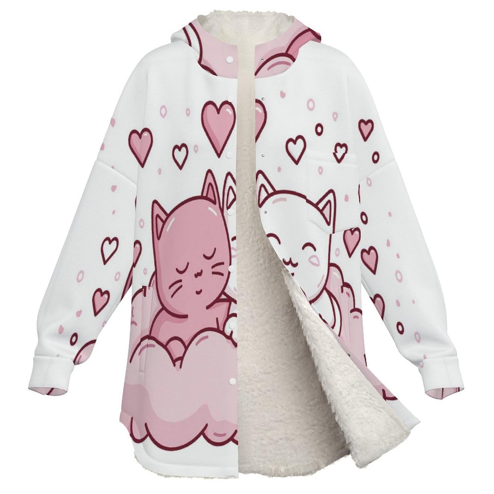 Sudadera Invierno con Capucha de Forro Polar Mujer Gato Enamorado Cálido Hoodies a Manga Larga Felpa Sudadera con Bolsillos, Rosa
