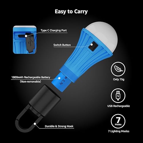 Miniatura 6 de Lepro Linterna LED recargable para campamento, 7 modos de luz blanca y RGB, esenciales de campamento, bombillas colgantes con gancho de clip para