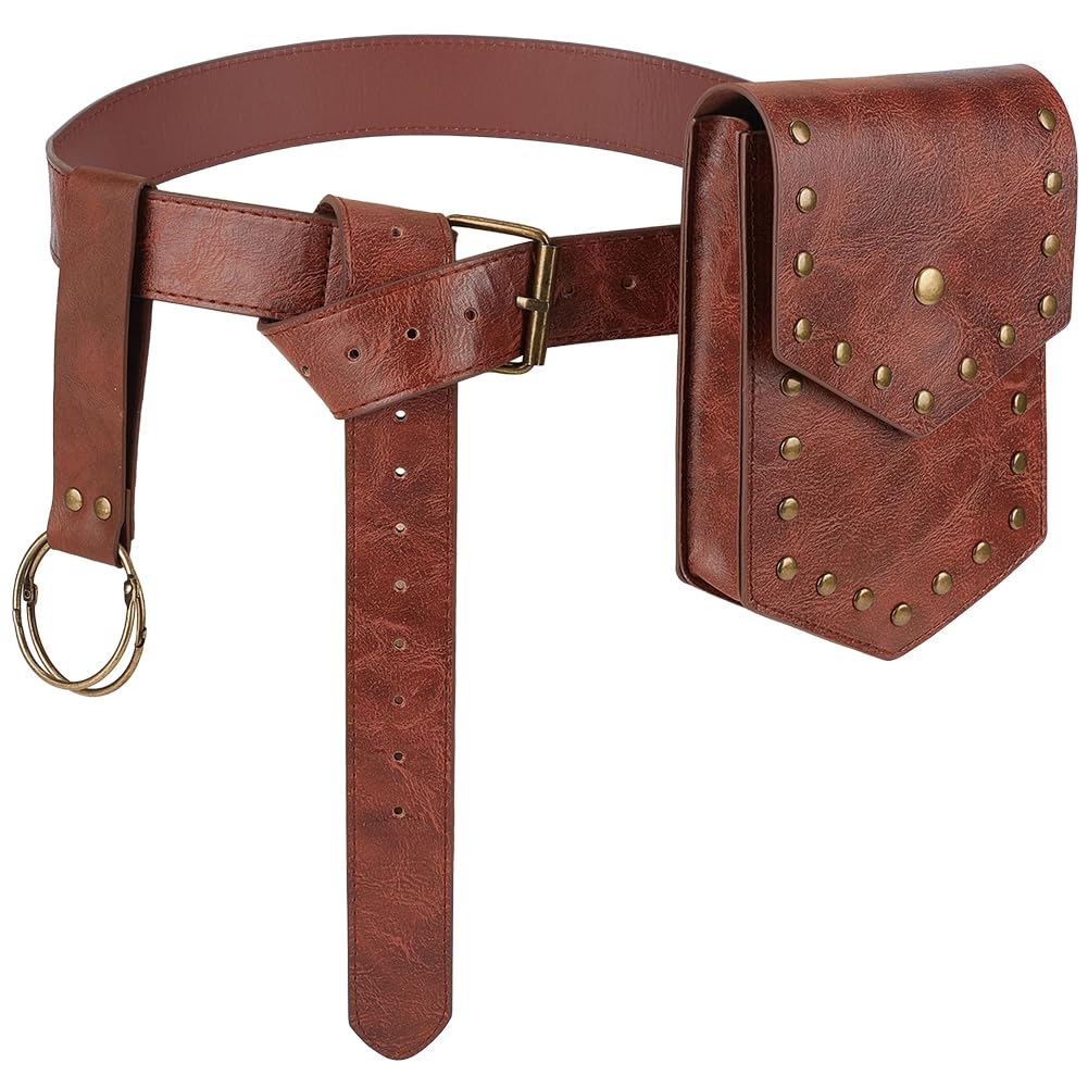 Ceinture en cuir PU médiévale pirate avec pochette banane viking marron de festival