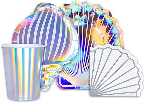 Miniatura 5 de Vasos de papel de conchas marinas, suministros de fiesta de sirena, vajilla desechable con purpurina iridiscente del mundo oceánico para bodas,
