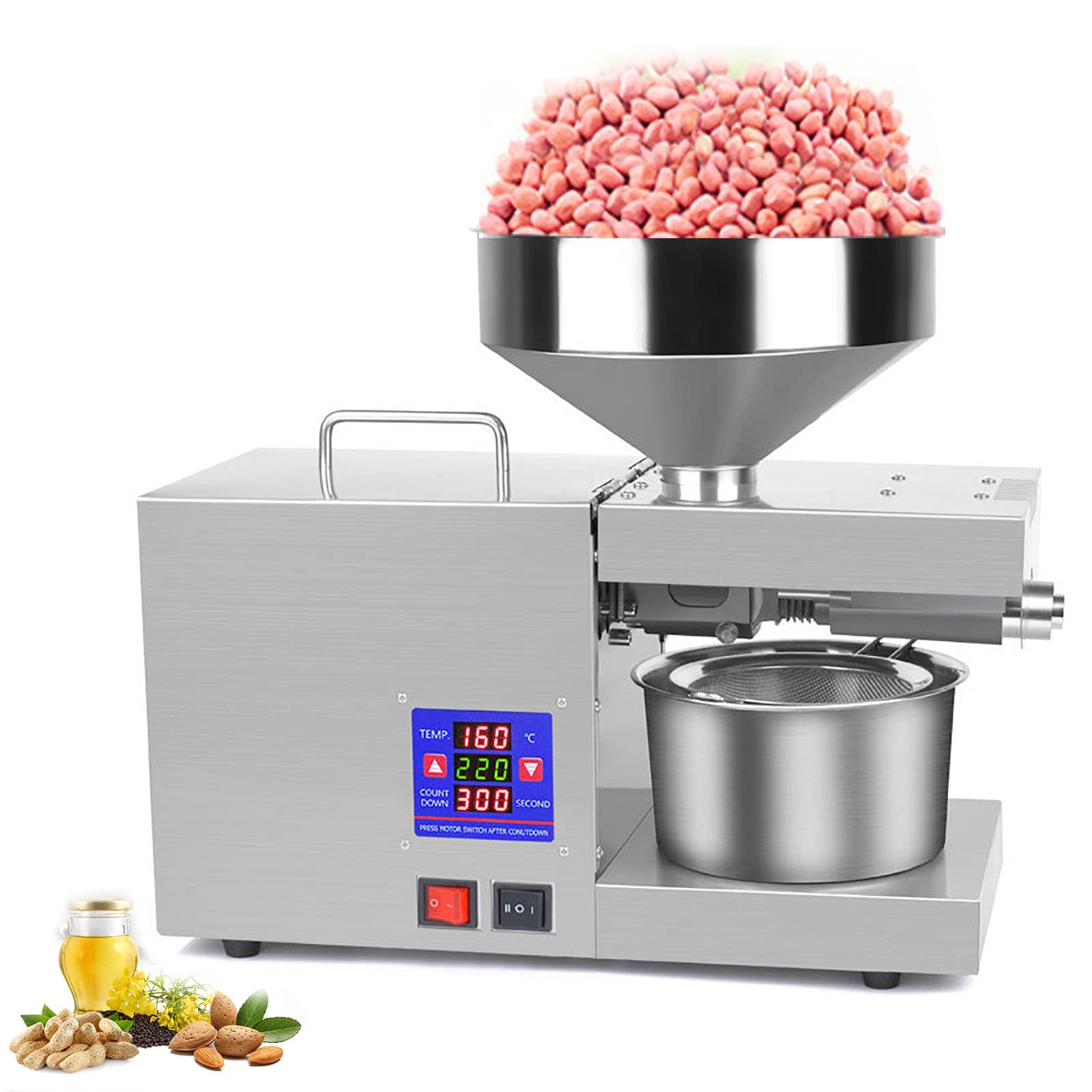 ZWMBAOR Commercial Oil Press,1200w Motor Automatic Oil Extractor,Stainless Steel Oil Press Machine W/ 5l Large Capacity Round Hopper & 2l Oil Cup,for Sunflower Olive Kernel & Other,46 * 22 * 39cm