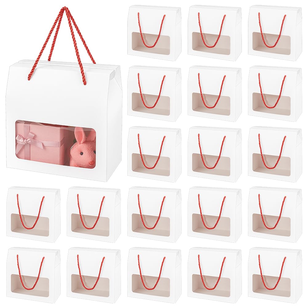 BENECREAT 20 Scatola di Carta Kraft con Manici, 18x10x18cm Scatole Regalo Bianche con Finestra Trasparente per Vendita Al Dettaglio, Feste, Regali