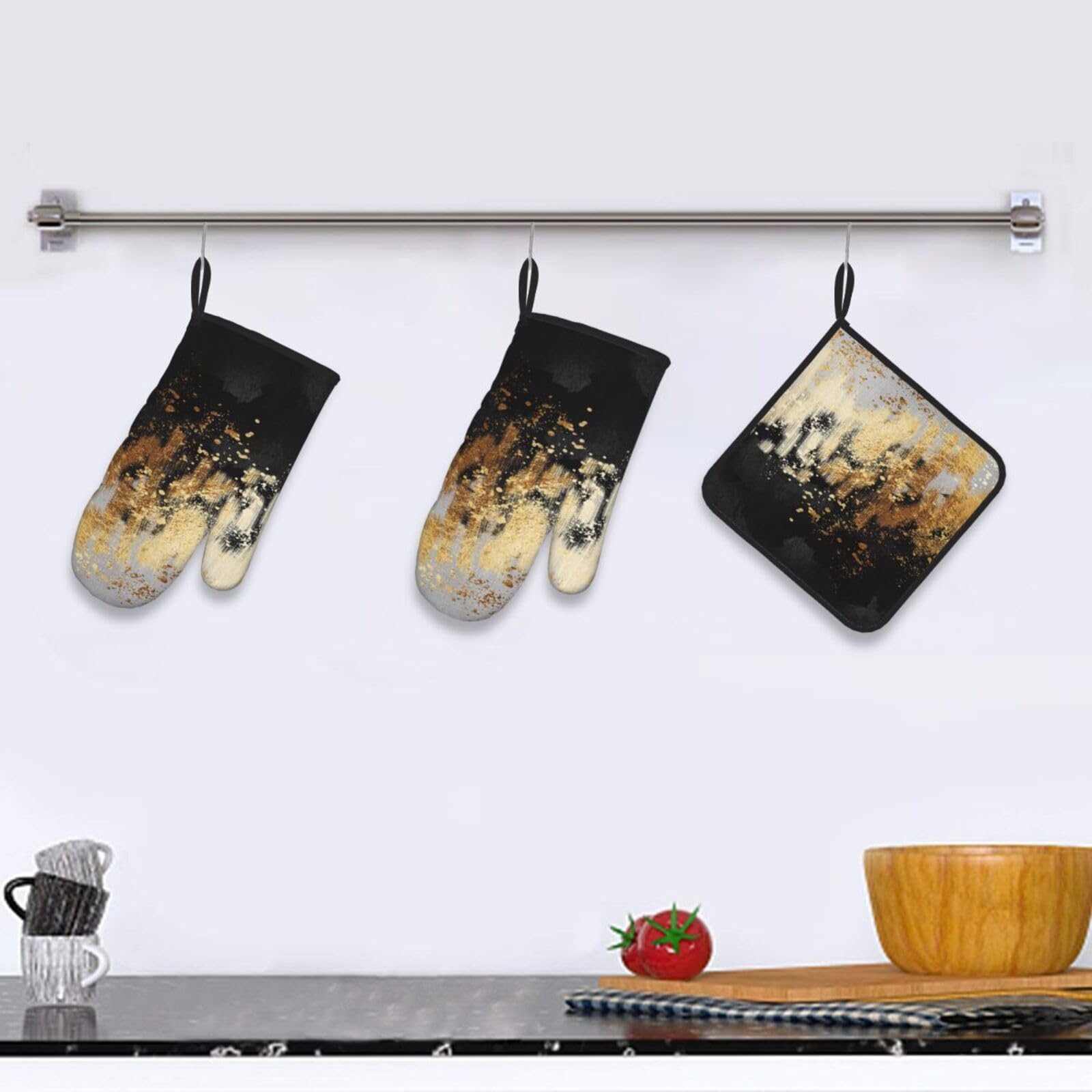Ofenhandschuh und Topflappen, abstrakte Kunst, 3er-Set, hitzebeständige Küchenhandschuhe zum Kochen, Backen, Grillen, Urlaub, Küchendekoration