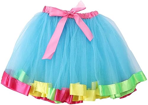 REETAN Rainbow Tutu Skirts Colorful Tulle Skirt Ribbon Layered Dance Party Tutu Costume for Women and Girls