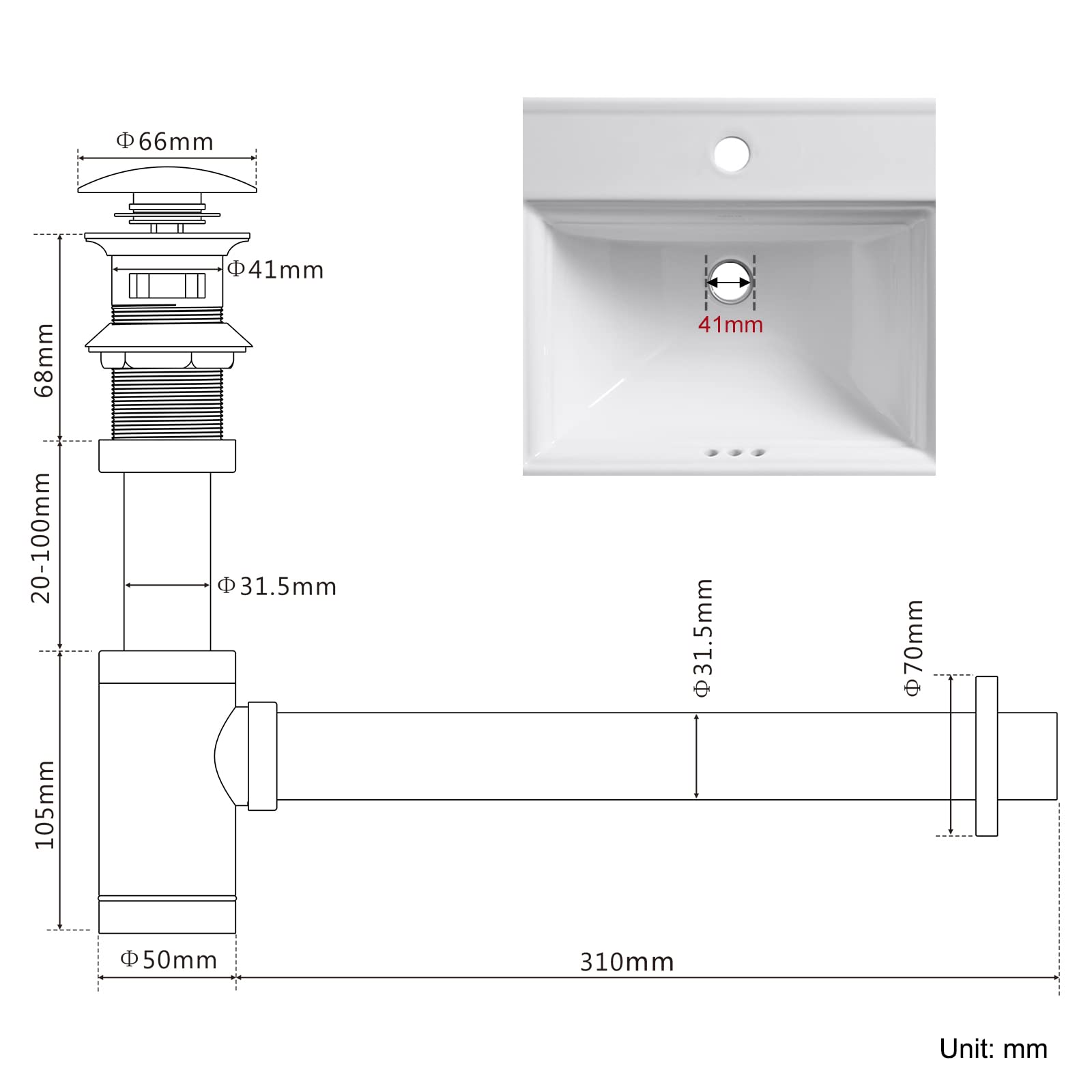 Sifón para lavabo con rebosadero y válvula de desagüe cromado