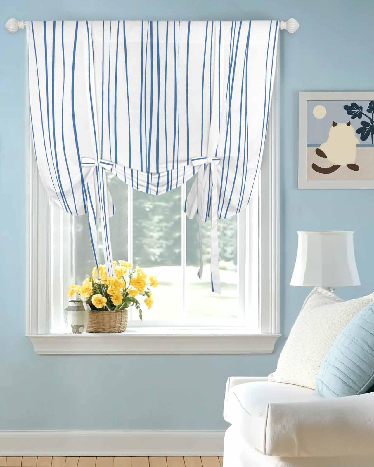 Tie Up Curtains for Windows Retro Blue Line Rod Pocket Tie-Up Window Shade Adjustable Balloon Curtain Valance Abstract Geometric Art for Bedroom Kitchen Bathroom Blinds,34x45in