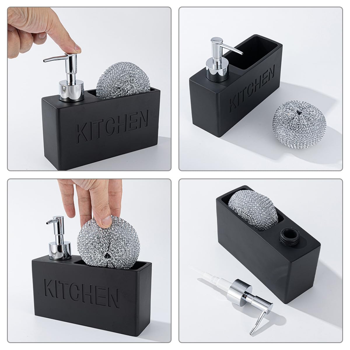 Zerodeko Dispenser di Sapone Liquido da Cucina Nero in Resina e Plastica, Facile da Premere e Resistente alle Perdite, per Dosare Detersivo Piatti con Pratico Porta Spugna Integrato