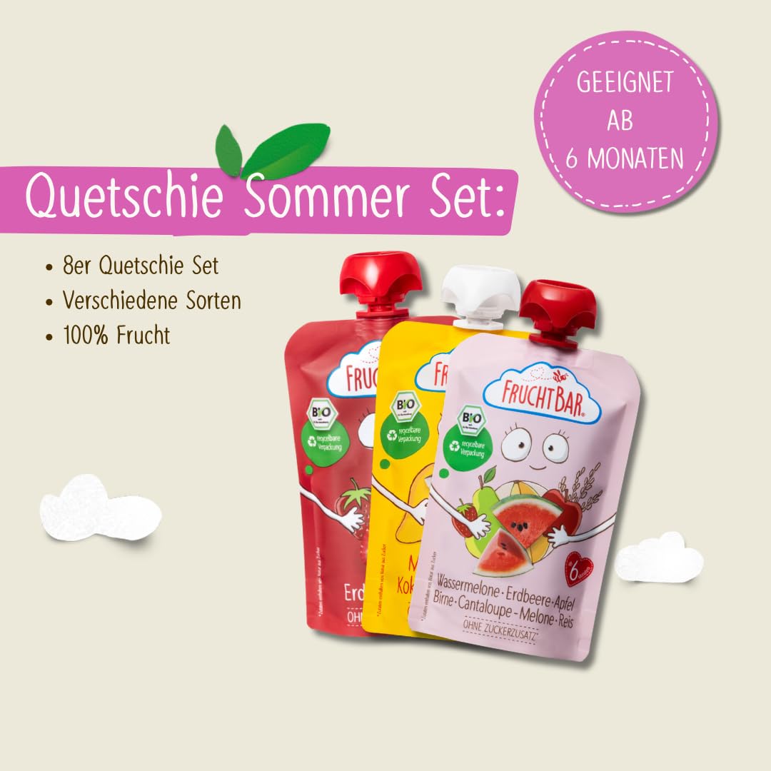 FruchtBar Bio Quetschie Sommer Set - 64x 100g Fruchtpüree im Quetschbeutel für Babys & Kinder ab 6 Monaten - Ohne Zucker, 100% Bio-Früchte