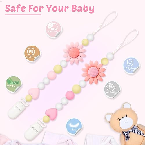 Miniatura 4 de Clip de silicona para chupete, paquete de 2 soportes para chupón para niños y niñas, adorable correa de girasol para chupete se adapta a la mayoría