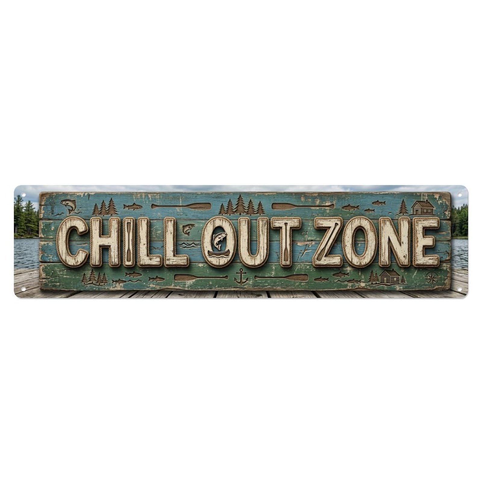 Chill Out Zone Faded Lake House Metal Tin Skinny Sign Plaque Wall Decor for Cafe, Club Bar, Office, Home Garden Metal Poster 4x16Inch