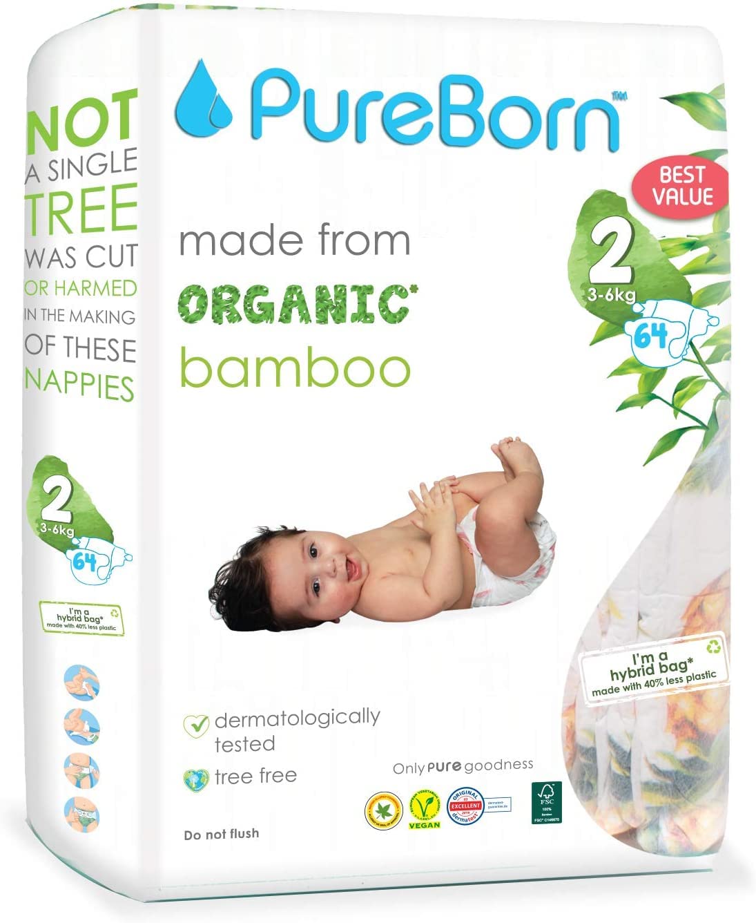 PureBorn Organic Natural Bamboo Baby Disposable Diapers-Size 2 by Fratelli |From 3 To 6 Kg|Assorted Print|Premium Super Soft| Maximum Leakage Protection|Eco Friendly Nappies|New Born Essentials S2-64s