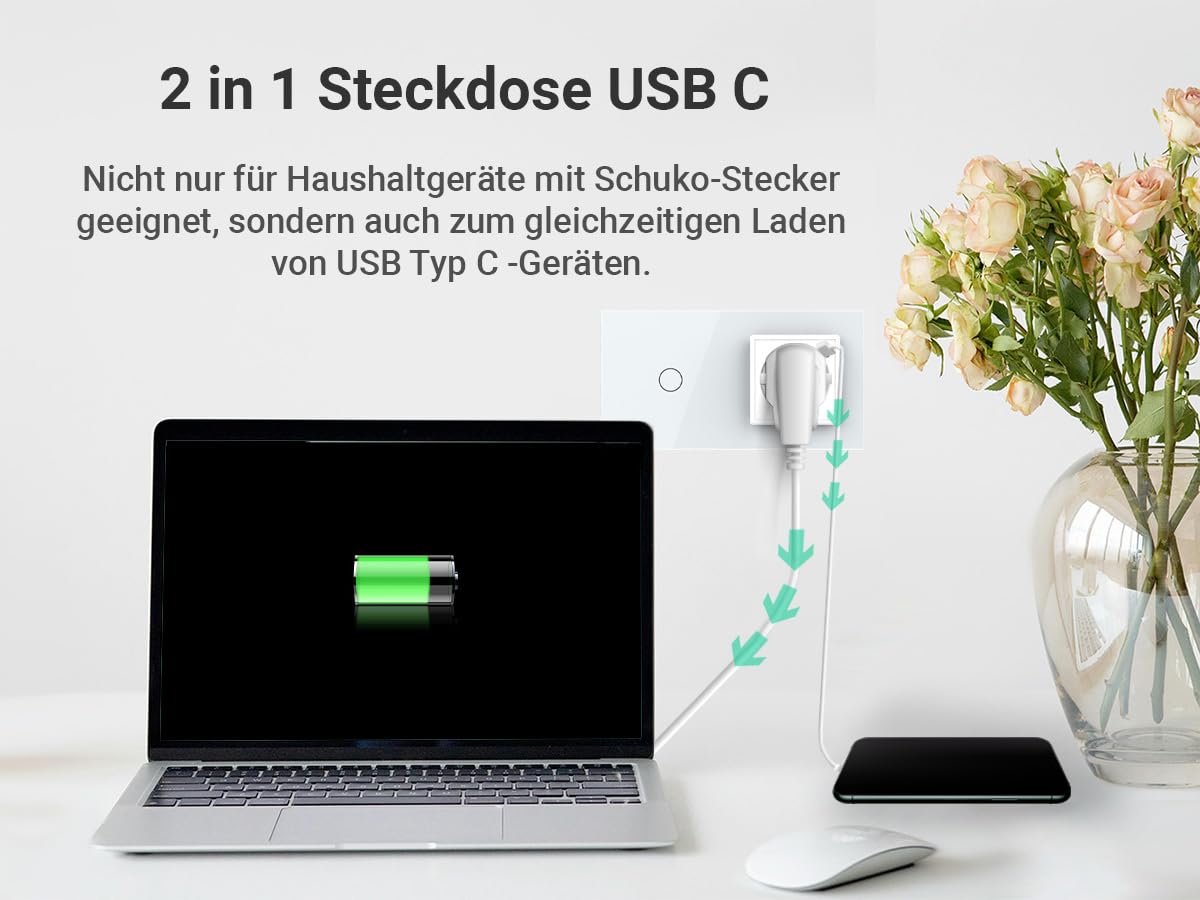 LIVOLO Glas Touch Lichtschalter und Steckdose mit USB-C 18W Anschluss Zweifach im Glasrahmen Weiß Sensorschalter Ladedose Schuko USB TYP C Unterputz Einbau VL-C701-FCTF16A-C1-SR-11-A