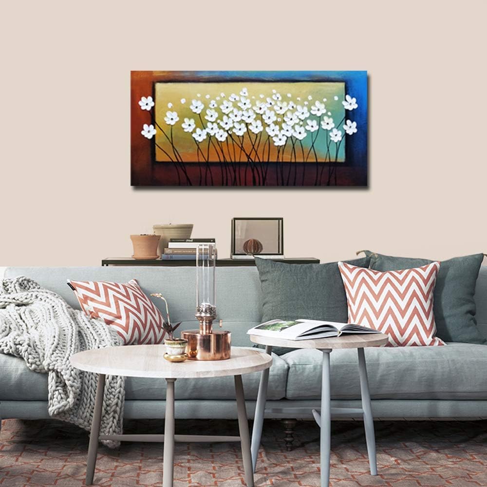 Wieco Art White Flowers Oil Paintings on Canvas Wall Art for Living Room Bedroom Home Decorations Large Modern Stretched and Framed 100% Hand Painted Abstract Floral Artwork