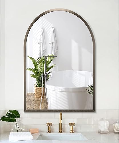 Miniatura 95 de Espejo de pared arqueado negro con marco de aleación de aluminio, espejo de baño de metal cepillado, espejo montado en la pared para sala de estar