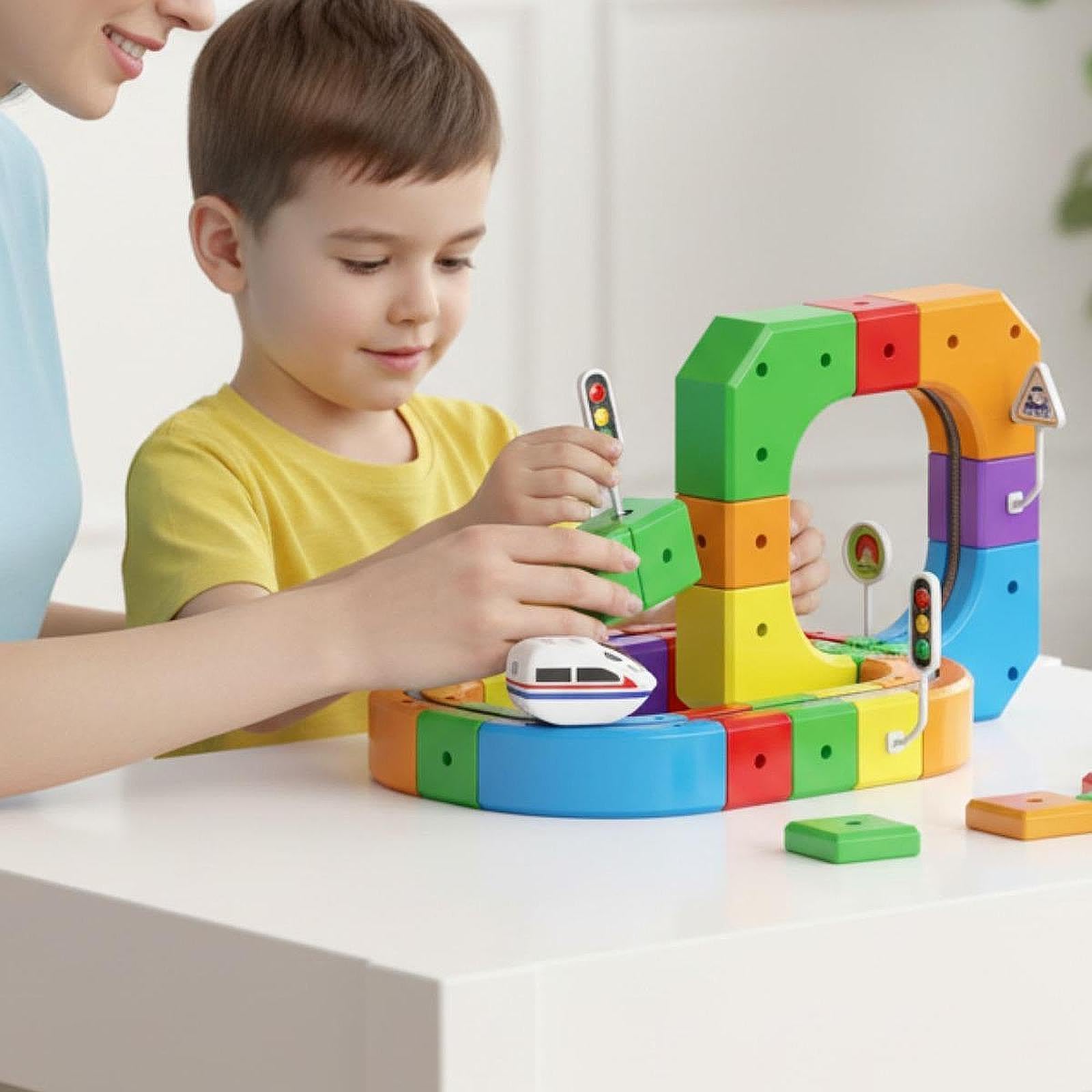 Mini Elektro Spielzeugeisenbahn Set mit Gebogener Rampe, Austauschbarem Zubehör, Sicherem PP Material, Geeignet für Familienspiele, Kreatives Kinderge, 51 Stück
