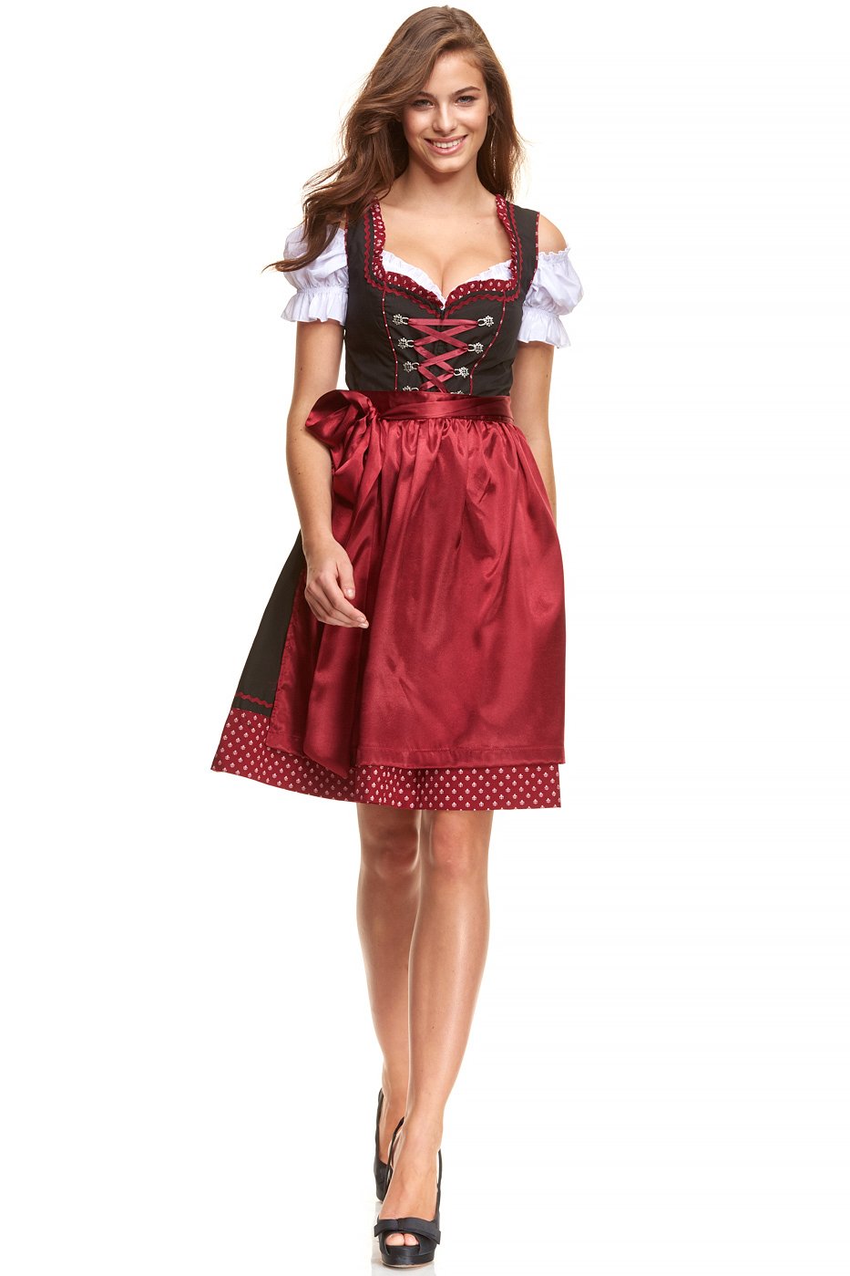 Dirndl Damen Midi Set 3 teilig mit Bluse und Schürze I Trachtenkleid Damen 3 TLG in Schwarz Kombination von Gr 34 bis 46 KF101