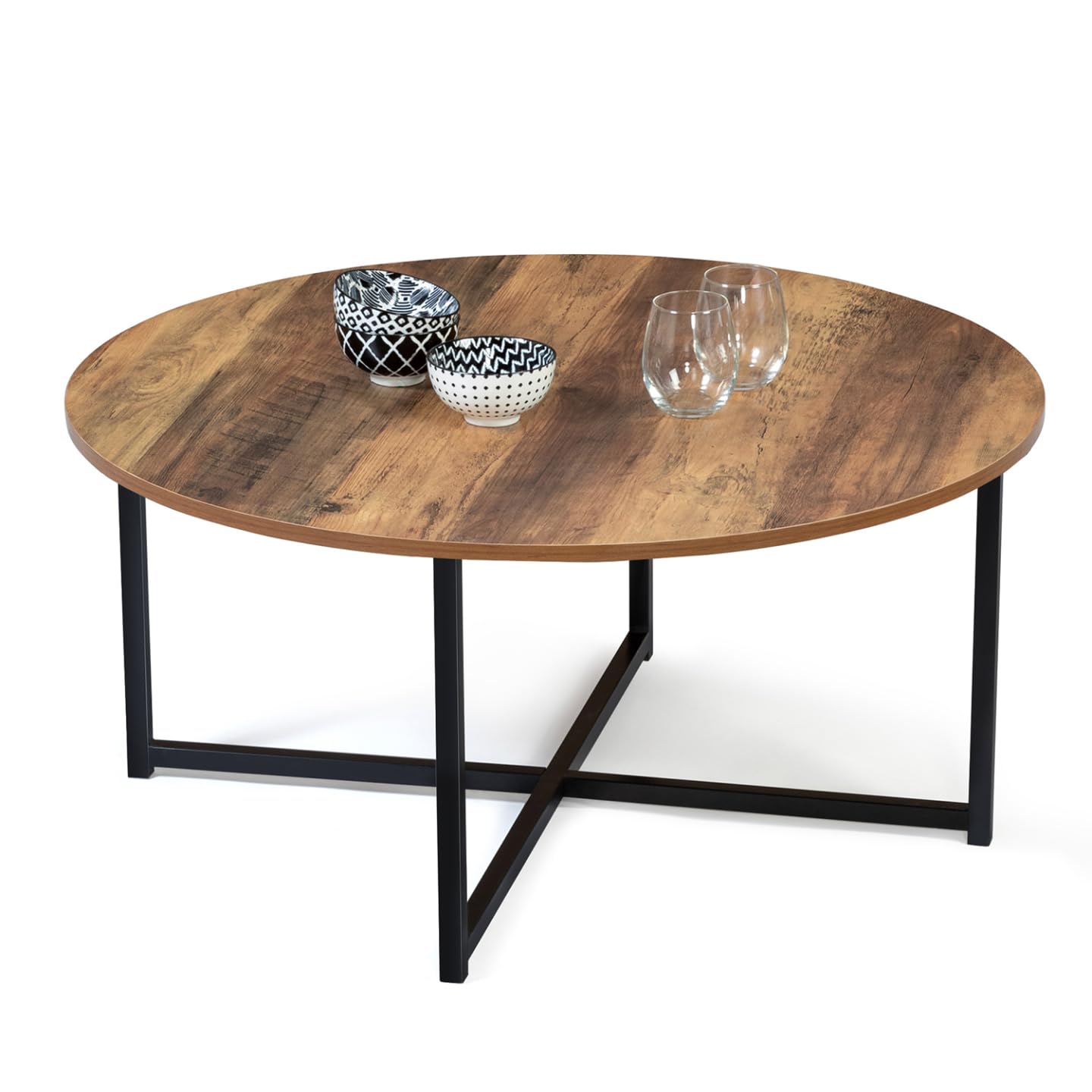 IDMarket - Mesa baja redonda Hawkins 80 cm, madera oscura, diseño industrial