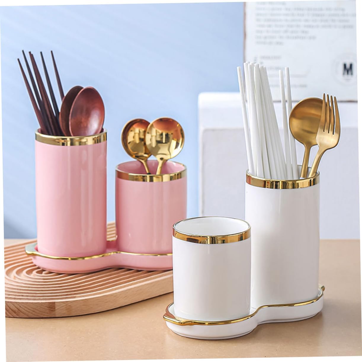Ceramic Chopstick Storage Holder Drainage Kitchen Utensil Organizer White Suitable for Home Use Dual Compartment Design
