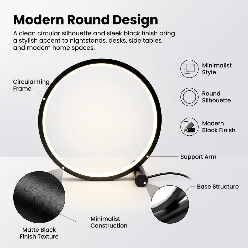 LED Desk Lamp for Bedroom,Touch Bedside Light with 3 Color Temperatures,Stepless Dimmable Round Table Lamp,6W Modern Nightstand Light for Reading,Living Room,Office,Black