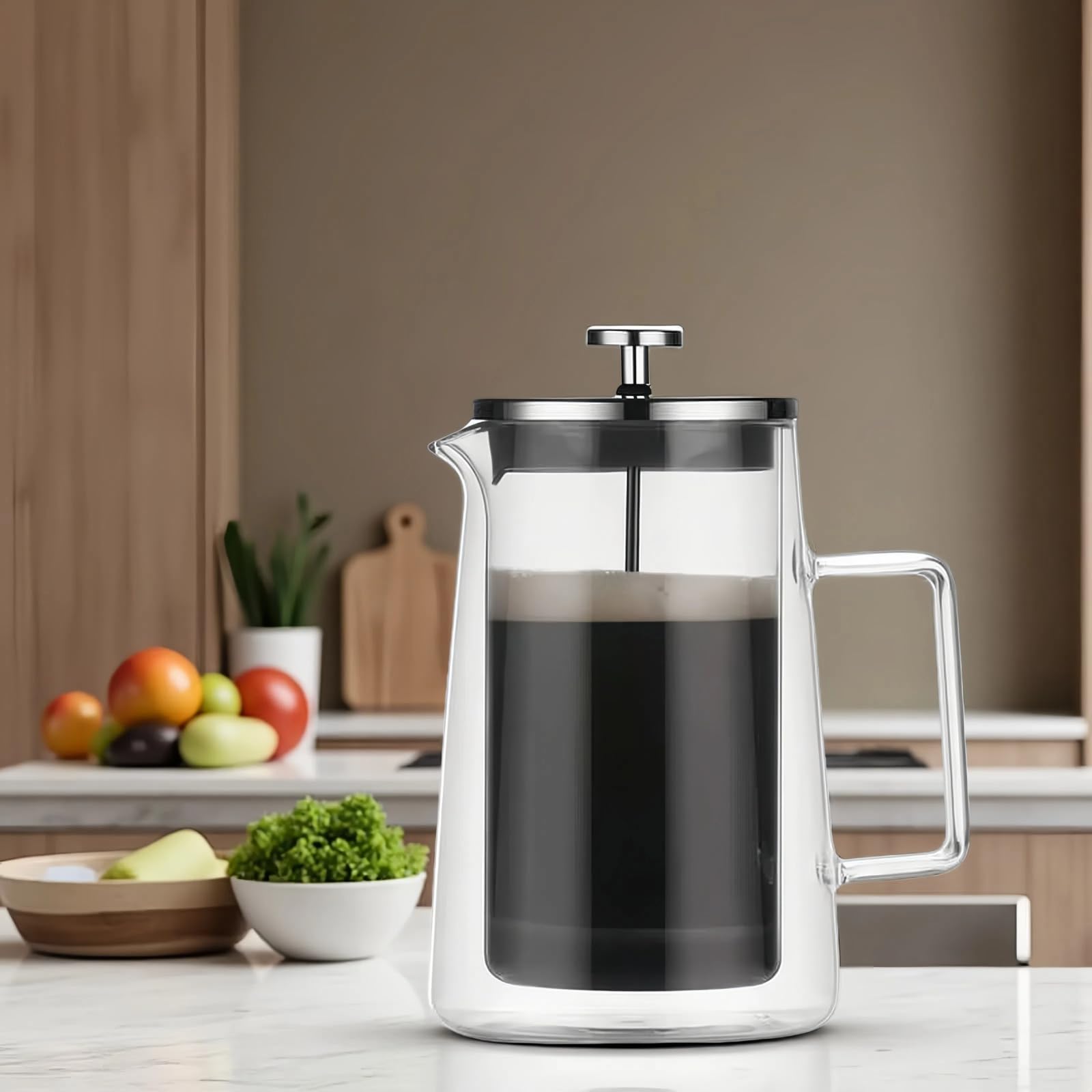 French Press Kaffeebereiter, 1 Liter, doppelwandiges isoliertes Borosilikatglas, hitzebeständiges Design, Edelstahlfilter für Kaffee, Tee und Kaltgebrühe