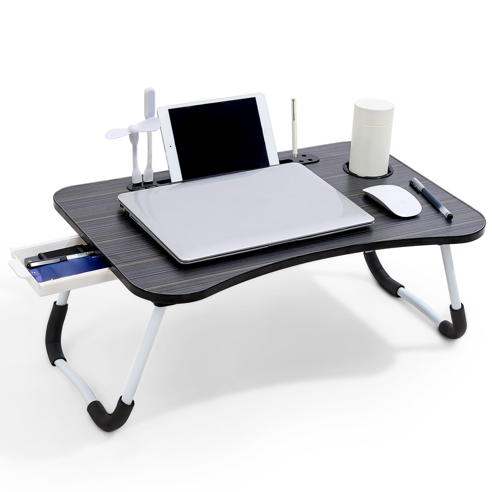 Warmiehomy Laptop Table with USB Ports, Laptop Desk with Drawer &Cup Holder&Pen Slots, Folding Bed Table, Laptop Tray with Legs on Bed or Sofa for Working/Reading, Black โ image 1
