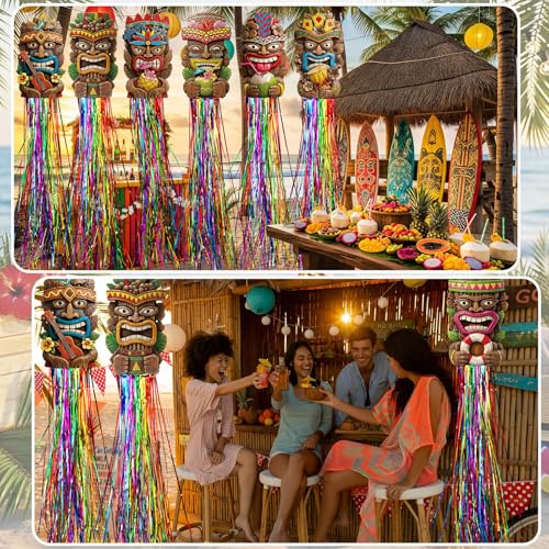 Image of Affrolling 8 Pcs Tiki Party Decorations Hawaiian Luau Party Decoration Tiki Totem Hanging Decorations with Tassels for Aloha Hawaii Luau Tropical Summer Themed Supplies 3.3 ft Outdoor Summer Decor