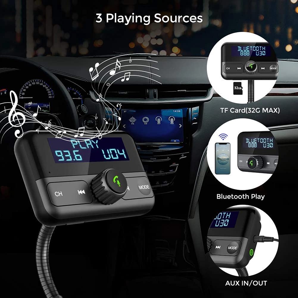 Bluetooth Auto FM Trasmettitore Audio Adapter Ricevitore Wireless Vivavoce Voltmeter Kit Auto QC3.0 e Smart 2.4A Porte USB, Uscita AUX, Player TF Card MP3