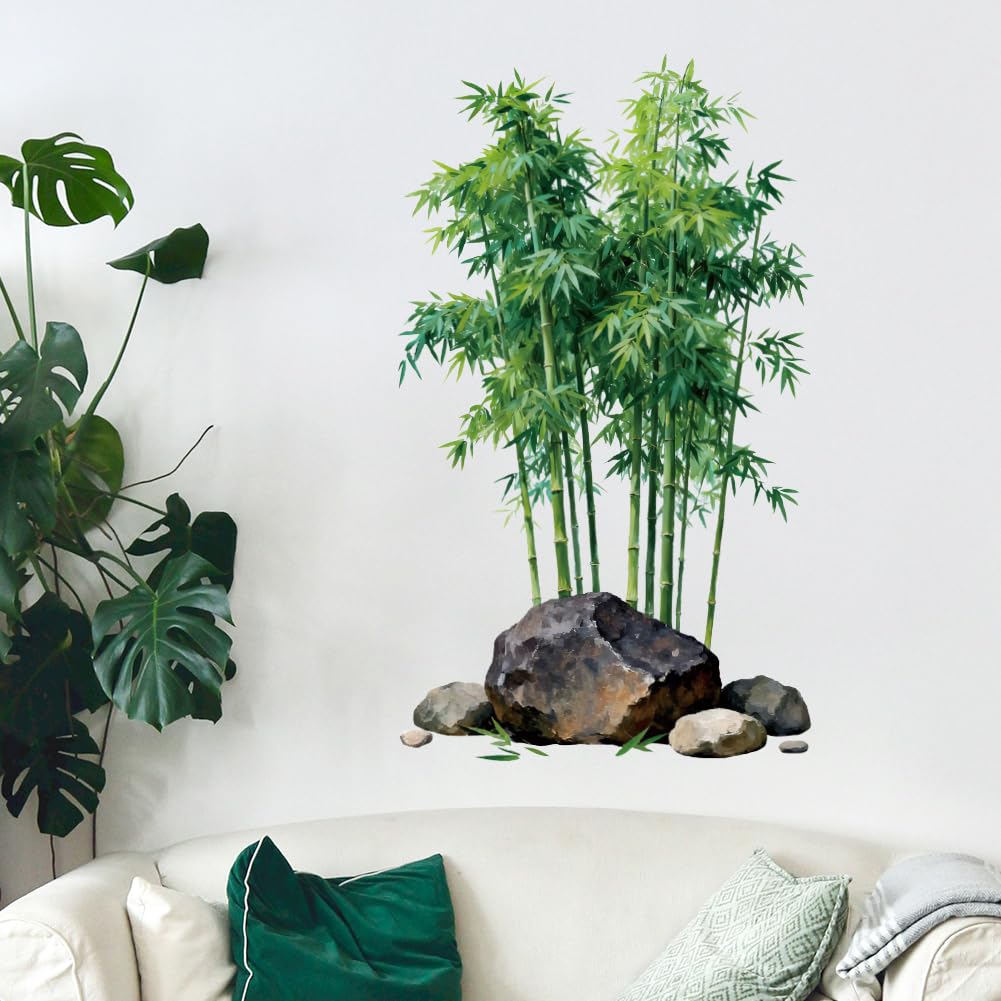 Peacoblue Calcomanías de pared de bambú y piedra, removibles para despegar y pegar, 1 hoja de murales de vinilo de 15 x 23.6 pulgadas para dormitorio, sala de estar, sala de estar, baño, aula