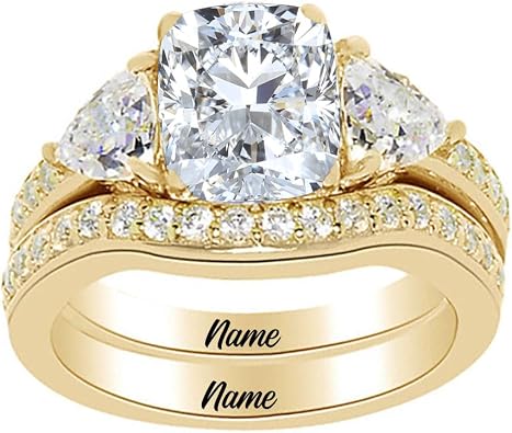 10K Gold 2.64 CT.TW. Moissanite Bridal Rings Sets for Her, 10K 14K 18K Real Yellow Gold Cushion Cut Moissanite Engagement Ring Set for Women, 1.0Ctw Wedding Eternity Band for Engagement