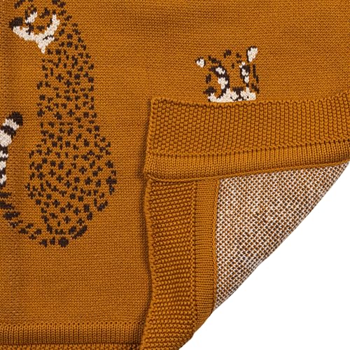 Image of Creative Co-Op Soft Cotton Knit Baby Blanket with Decorative Cheetahs, Mustard Color