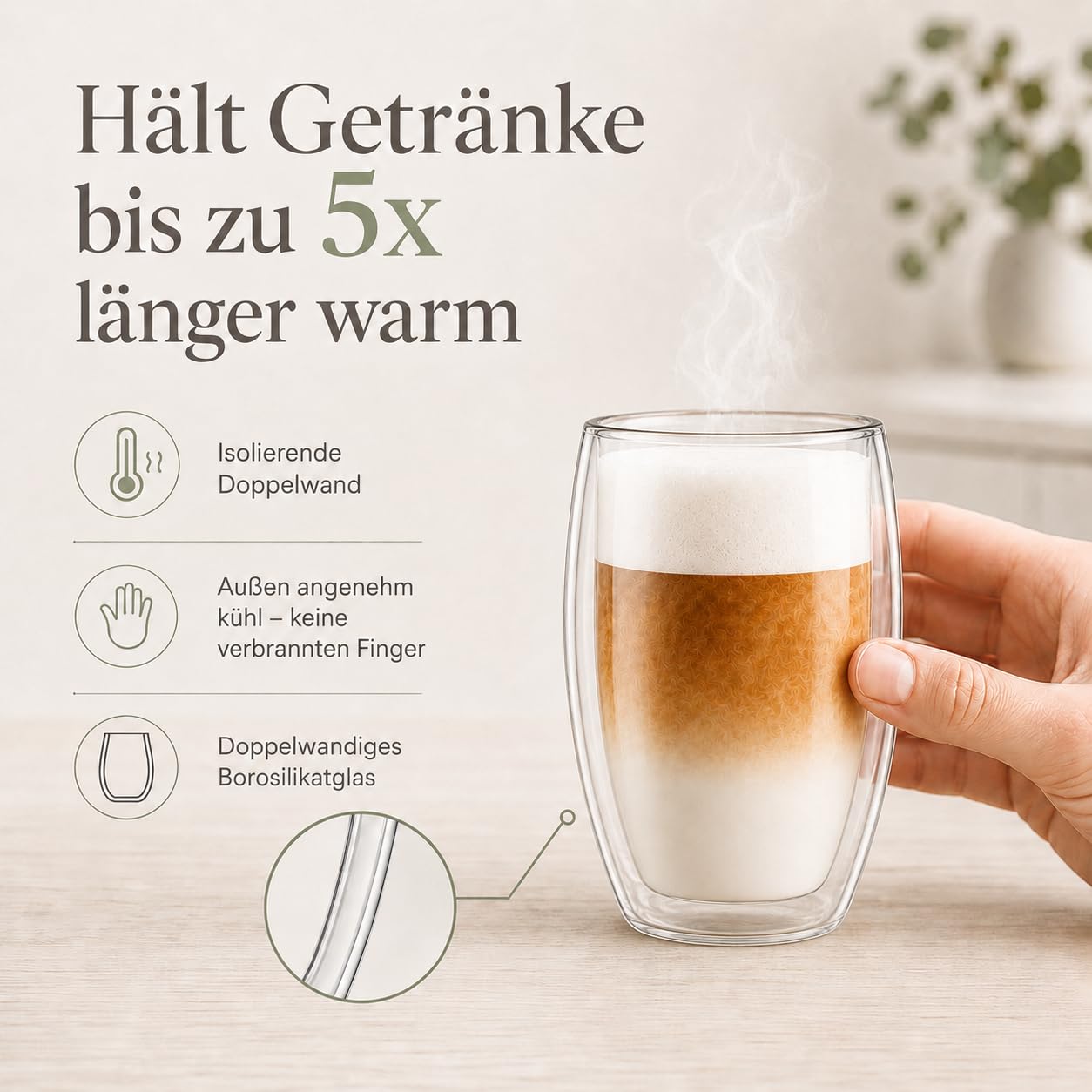 LAPRESO® Latte Macchiato Gläser doppelwandig 6er Set 450ml - Doppelwandige Gläser modernes Design Cappuccino Tassen Teegläser aus Borosilikatglas
