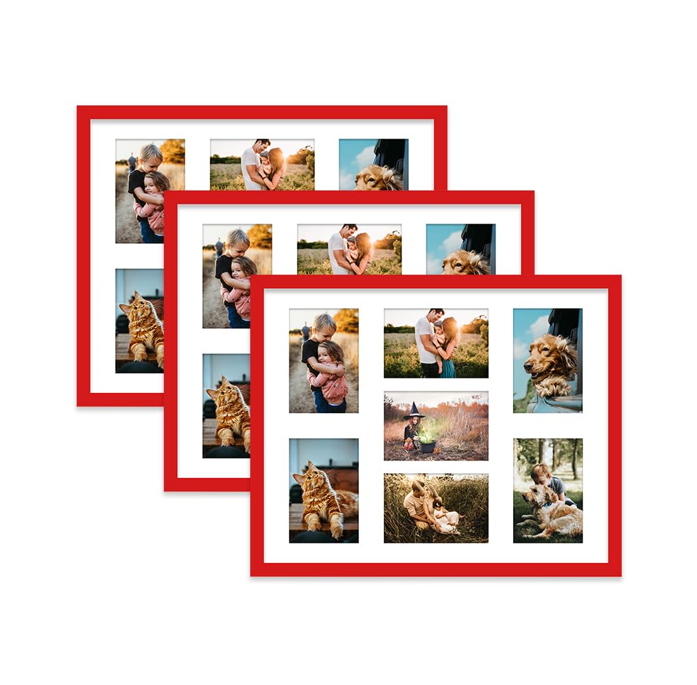 Red Multi Photo Frame - Holds 7 x 6x4 Pictures, Family Collage Picture Frame for Wall Display, 20x16 Frame size, Set of 3